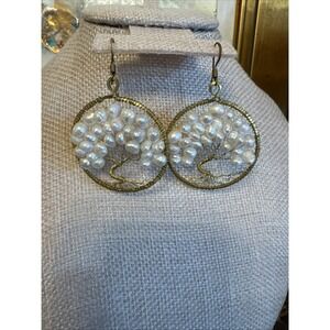Hand Made Tree of Life Earrings Freshwater Pearl Gold Wire Dangle Fantasy